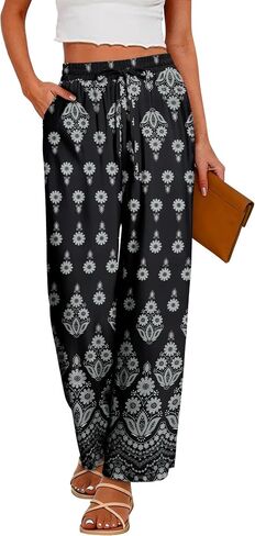 CRAZY GRID Womens Summer Spring Flowy Pants Loose Fit Beach Pants Drawstring Waist Wide Legs with Pockets in Saudi Arabia