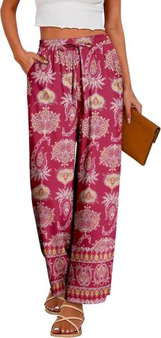 CRAZY GRID Womens Summer Spring Flowy Pants Loose Fit Beach Pants Drawstring Waist Wide Legs with Pockets in Saudi Arabia