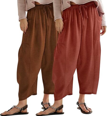 2 Pack Pants for Women Summer Wide Leg High Waisted Lounge Pant Adjustable Drawstring with Pockets in Saudi Arabia