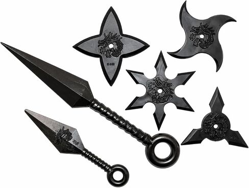 Ninja Shuriken & Kunai Set 6pcs Black PVC, Soft,Made in Japan, Throwing Stars 3.35 in, Kunai 5.5 in & 9.8 in in Kuwait