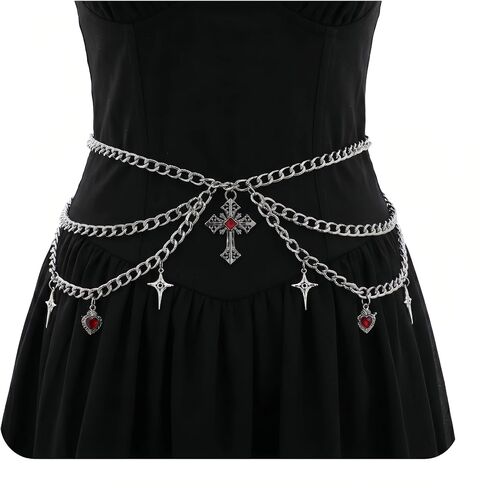 Gothic Cross Waist Chain, Punk Goth Hip Hop Crossover Body Belly Chains Vintage Grunge Silver Layered Belt for Women in Saudi Arabia