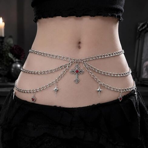Gothic Cross Waist Chain, Punk Goth Hip Hop Crossover Body Belly Chains Vintage Grunge Silver Layered Belt for Women in Saudi Arabia