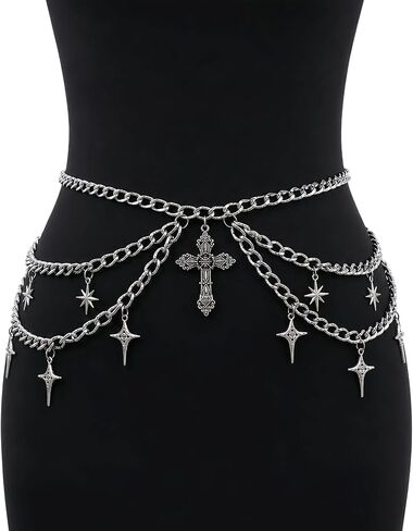 Gothic Cross Waist Chain, Punk Goth Hip Hop Crossover Body Belly Chains Vintage Grunge Silver Layered Belt for Women in Saudi Arabia