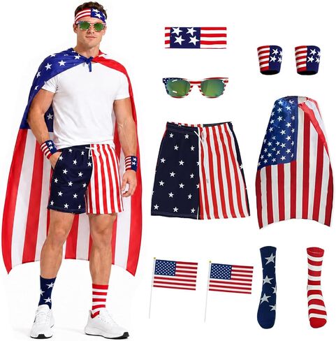 Men's American Flag Shorts 4th of July Summer Board Shorts with USA Flag Cape Sunglasses Sweatband Wristbands Socks in Saudi Arabia
