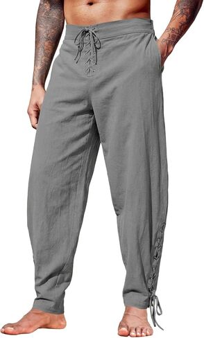 Runcati Mens Medieval Pirate Pants Renaissance Viking Ankle Banded Baggy Pants Lace Up Retro Halloween Costume Trousers in Kuwait