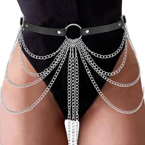 Punk Gothic Leather Waist Chain Belt for Women Layered Body Jewelry Rave, style leather waist chain,Accessories Festival Goth Fashion，goth accessories，black belt，silver women's rave body chain, clothing accessory in Saudi Arabia