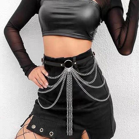 Punk Gothic Leather Waist Chain Belt for Women Layered Body Jewelry Rave, style leather waist chain,Accessories Festival Goth Fashion，goth accessories，black belt，silver women's rave body chain, clothing accessory in Saudi Arabia