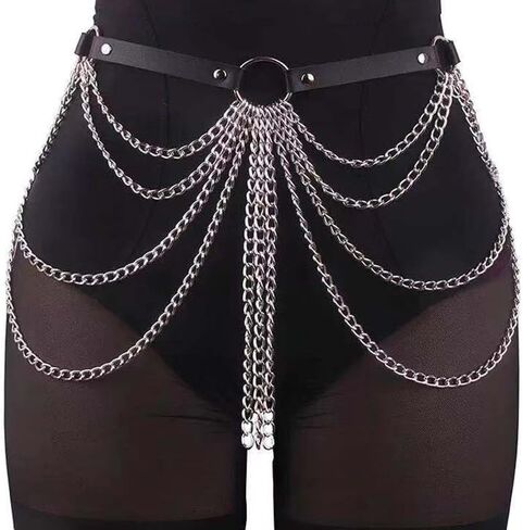 Punk Gothic Leather Waist Chain Belt for Women Layered Body Jewelry Rave, style leather waist chain,Accessories Festival Goth Fashion，goth accessories，black belt，silver women's rave body chain, clothing accessory in Saudi Arabia