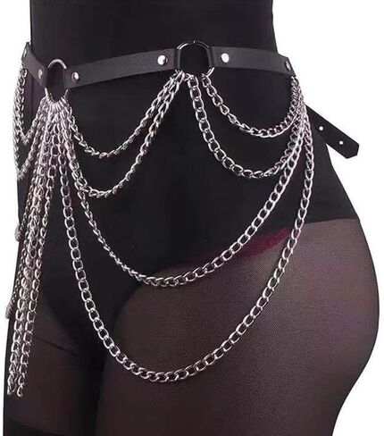 Punk Gothic Leather Waist Chain Belt for Women Layered Body Jewelry Rave, style leather waist chain,Accessories Festival Goth Fashion，goth accessories，black belt，silver women's rave body chain, clothing accessory in Saudi Arabia