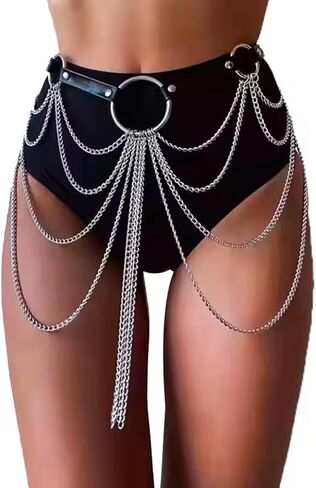 Punk Gothic Leather Waist Chain Belt for Women Layered Body Jewelry Rave, style leather waist chain,Accessories Festival Goth Fashion，goth accessories，black belt，silver women's rave body chain, clothing accessory in Saudi Arabia