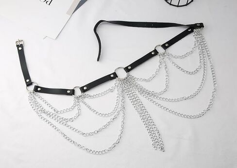 Punk Gothic Leather Waist Chain Belt for Women Layered Body Jewelry Rave, style leather waist chain,Accessories Festival Goth Fashion，goth accessories，black belt，silver women's rave body chain, clothing accessory in Saudi Arabia