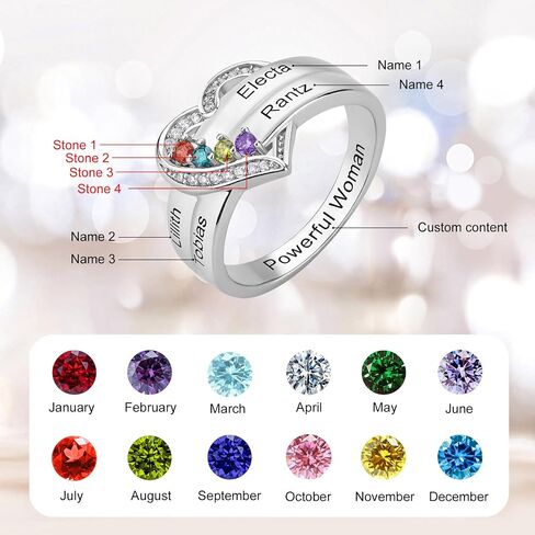 Customized 925 Sterling Silver Mother's Ring with 1-8 Birthstones, Engraved Name Band for Women, Unique Family Heart Ring for Wife or Grandmother, Exquisite Jewelry Gift for Her (4 Birthstones) in Saudi Arabia