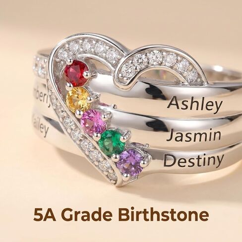 Customized 925 Sterling Silver Mother's Ring with 1-8 Birthstones, Engraved Name Band for Women, Unique Family Heart Ring for Wife or Grandmother, Exquisite Jewelry Gift for Her (4 Birthstones) in Saudi Arabia