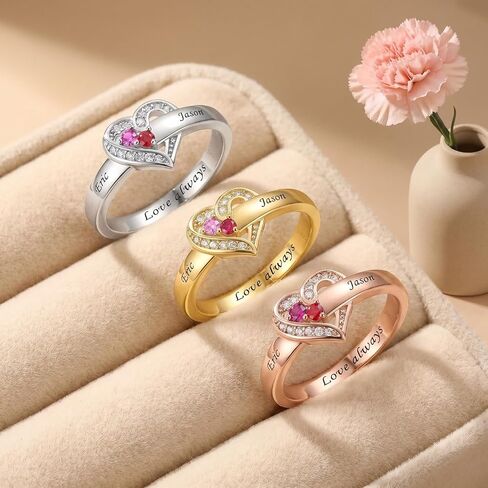 Customized 925 Sterling Silver Mother's Ring with 1-8 Birthstones, Engraved Name Band for Women, Unique Family Heart Ring for Wife or Grandmother, Exquisite Jewelry Gift for Her (4 Birthstones) in Saudi Arabia