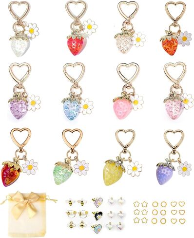 12 Pack Strawberry Keychain,15 Pcs Heart and Bee Charms,18 Pcs Keyrings Daisy Key Chains Elegant Flower Bag Charms Pendant Strawberry Keychains Bag Charm for Purse in Saudi Arabia