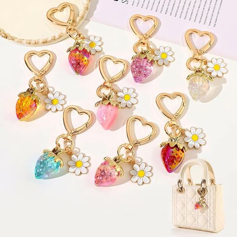 12 Pack Strawberry Keychain,15 Pcs Heart and Bee Charms,18 Pcs Keyrings Daisy Key Chains Elegant Flower Bag Charms Pendant Strawberry Keychains Bag Charm for Purse in Saudi Arabia