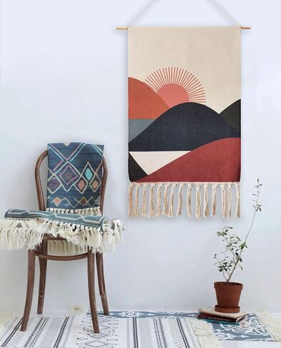 Macrame Woven Wall Tapestry Hanging Art, 20"x 34" Extra Large Boho Chic Bohemian Morocco Sun Mountain Landscape Tapestries Decor for Apartment Dorm Kids Living Room Bedroom Door Entrance (Sunrise) in Saudi Arabia