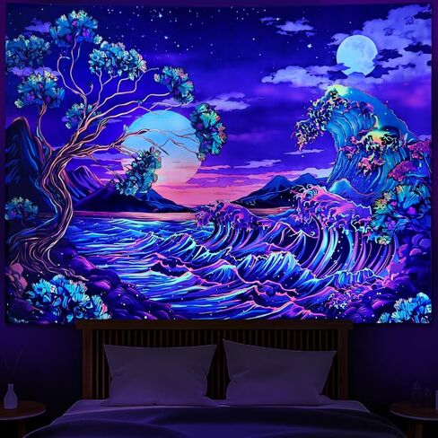 Heopapin Blacklight Great Ocean Wave Tapestry Magical Tree of Life Tapestries UV Reactive Neon Sea Wall Hanging Vintage Aesthetic Galaxy Space Wall Art for Bedroom Living Room 59.1x78.7inch in Saudi Arabia