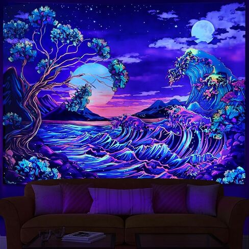 Heopapin Blacklight Great Ocean Wave Tapestry Magical Tree of Life Tapestries UV Reactive Neon Sea Wall Hanging Vintage Aesthetic Galaxy Space Wall Art for Bedroom Living Room 59.1x78.7inch in Saudi Arabia