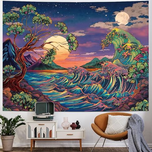 Heopapin Blacklight Great Ocean Wave Tapestry Magical Tree of Life Tapestries UV Reactive Neon Sea Wall Hanging Vintage Aesthetic Galaxy Space Wall Art for Bedroom Living Room 59.1x78.7inch in Saudi Arabia