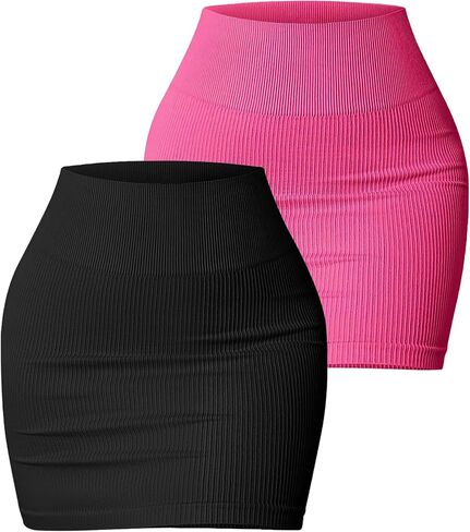 FEOYA Mini Skirt Tight Stretchy Ribbed High Waisted Bodycon Skirt Sexy Y2K Rave Fitted Short Pencil Skirt 2 Packs in Kuwait