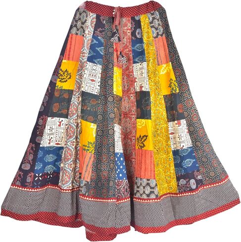 Boho Maxi Skirt for Women - Long Vintage Bohemian Patchwork Skirt, Hippie Style Summer Skirts Beach Dress, Ethnic Fashion Casual Outfit for Tropical Holiday Vacation, Block Printed Floral Maxi in Saudi Arabia
