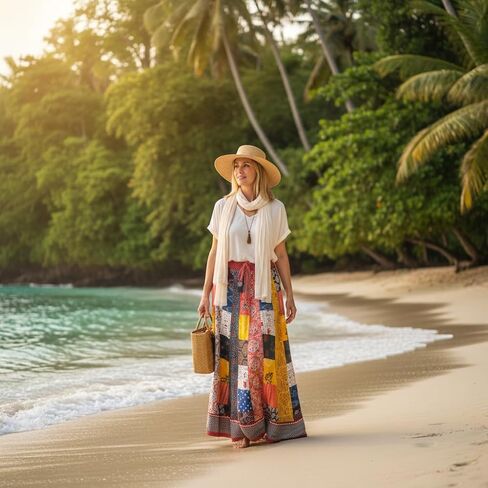 Boho Maxi Skirt for Women - Long Vintage Bohemian Patchwork Skirt, Hippie Style Summer Skirts Beach Dress, Ethnic Fashion Casual Outfit for Tropical Holiday Vacation, Block Printed Floral Maxi in Saudi Arabia