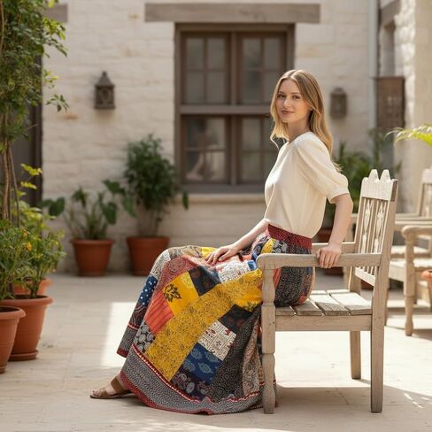 Boho Maxi Skirt for Women - Long Vintage Bohemian Patchwork Skirt, Hippie Style Summer Skirts Beach Dress, Ethnic Fashion Casual Outfit for Tropical Holiday Vacation, Block Printed Floral Maxi in Saudi Arabia