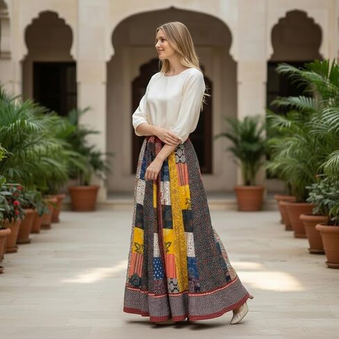 Boho Maxi Skirt for Women - Long Vintage Bohemian Patchwork Skirt, Hippie Style Summer Skirts Beach Dress, Ethnic Fashion Casual Outfit for Tropical Holiday Vacation, Block Printed Floral Maxi in Saudi Arabia