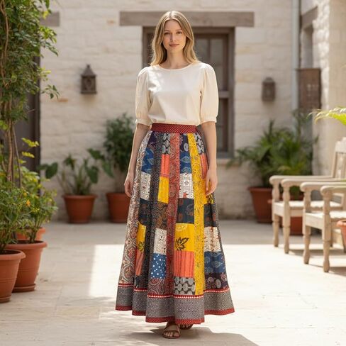 Boho Maxi Skirt for Women - Long Vintage Bohemian Patchwork Skirt, Hippie Style Summer Skirts Beach Dress, Ethnic Fashion Casual Outfit for Tropical Holiday Vacation, Block Printed Floral Maxi in Saudi Arabia