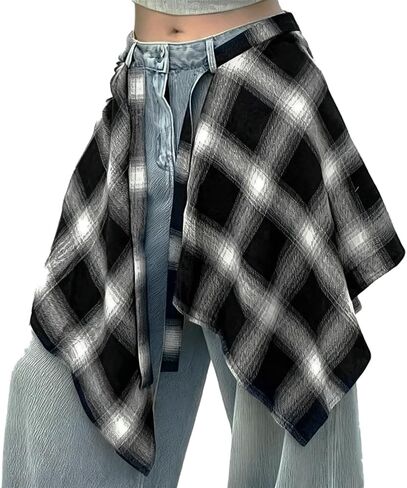 OULIGET Women's Grunge Mini Plaid Skirt,Hip-Hop One-Piece Tie Up Asymmetrical Skirt,Y2k Overlapping Jeans Decorate Skater in Kuwait