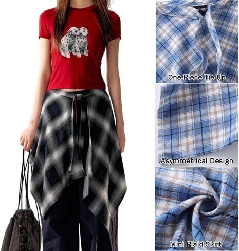 OULIGET Women's Grunge Mini Plaid Skirt,Hip-Hop One-Piece Tie Up Asymmetrical Skirt,Y2k Overlapping Jeans Decorate Skater in Kuwait