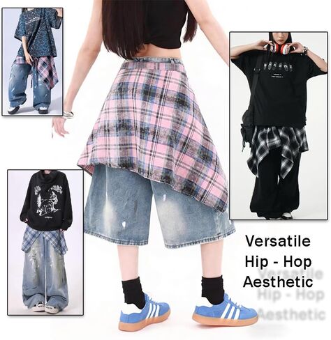 OULIGET Women's Grunge Mini Plaid Skirt,Hip-Hop One-Piece Tie Up Asymmetrical Skirt,Y2k Overlapping Jeans Decorate Skater in Kuwait