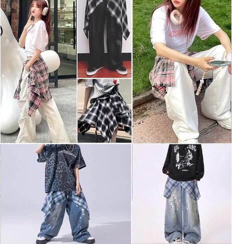 OULIGET Women's Grunge Mini Plaid Skirt,Hip-Hop One-Piece Tie Up Asymmetrical Skirt,Y2k Overlapping Jeans Decorate Skater in Kuwait
