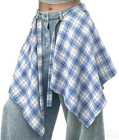 OULIGET Women's Grunge Mini Plaid Skirt,Hip-Hop One-Piece Tie Up Asymmetrical Skirt,Y2k Overlapping Jeans Decorate Skater in Saudi Arabia