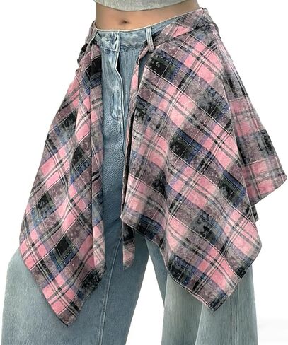 OULIGET Women's Grunge Mini Plaid Skirt,Hip-Hop One-Piece Tie Up Asymmetrical Skirt,Y2k Overlapping Jeans Decorate Skater in Kuwait