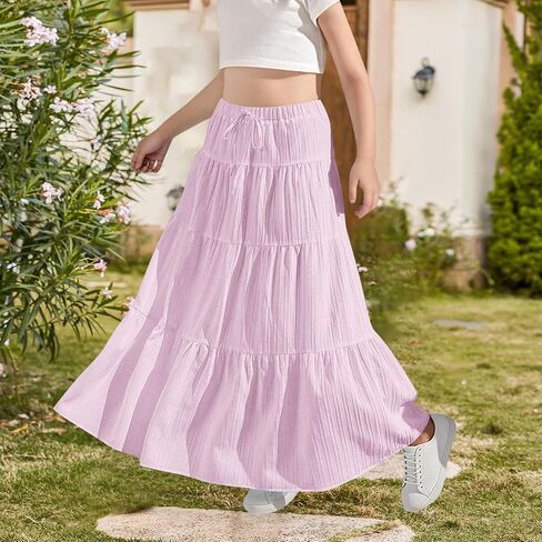 Girls Maxi Skirt Boho Casual Tiered High Waist A Line Flowy Long Skirt Kids Summer Swing Ankle Length Party Skirts in Kuwait