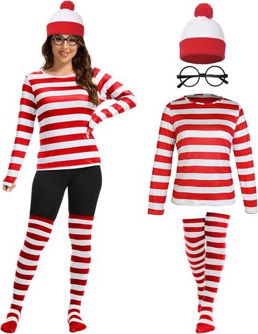 Adult Red and White Striped Shirt Women Funny Halloween Costumes Shirt Hat Socks and Glasses Suits in Saudi Arabia