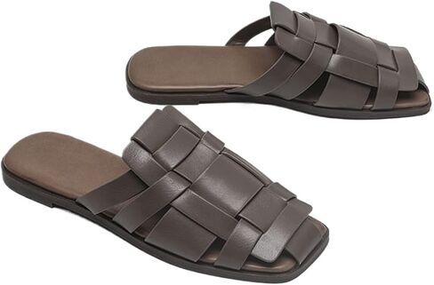 Women Square Toe Braided Flat Sandals Dressy Slides,Trendy Comfy Leather Closed Toe Vacation Sandals Mules in Saudi Arabia