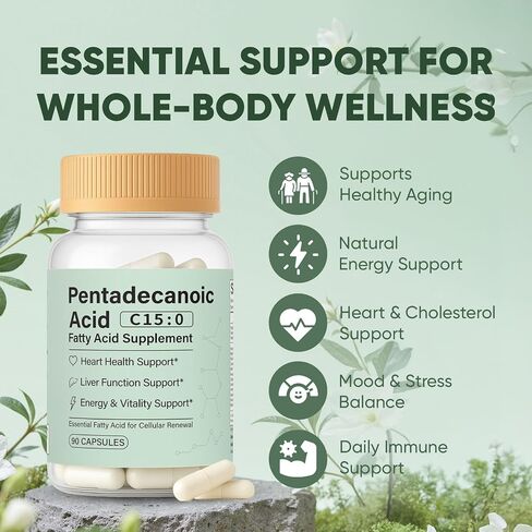 Pentadecanoic Acid, C15:0 Fatty Acid Supplement - 3X Omega 3 Fish Oil, Healthy Aging Supplement for Gut Health, Liver Support, 90 Vegan Capsules in Kuwait