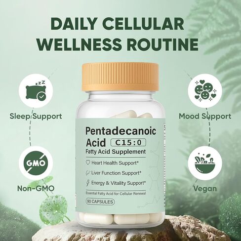 Pentadecanoic Acid, C15:0 Fatty Acid Supplement - 3X Omega 3 Fish Oil, Healthy Aging Supplement for Gut Health, Liver Support, 90 Vegan Capsules in Kuwait
