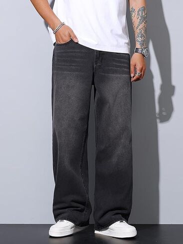 Men's Wide Leg Jeans Loose Straight Denim Pants Casual Streetwear Washed Fabric Relaxed Fit Trousers Five Pocket in Kuwait