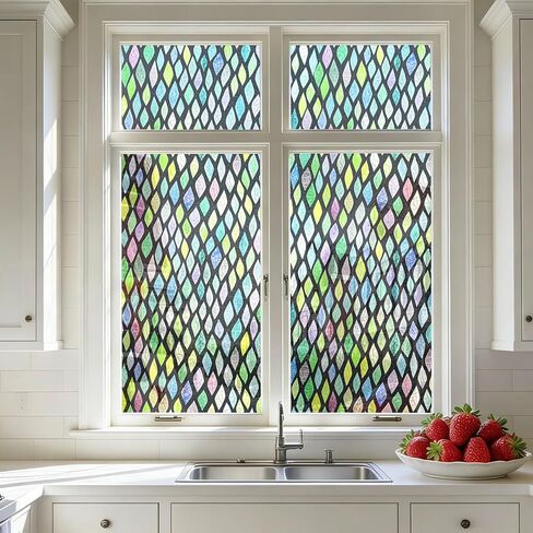 Stickyart Stained Glass Window Film Colorful Leaf Geometric Window Privacy Film Rainbow Decorative Lattice Static Cling Films 3D Windows Sticker Decal Sun Blocking for Bathroom Kitchen 17.5"x39.4" in Saudi Arabia