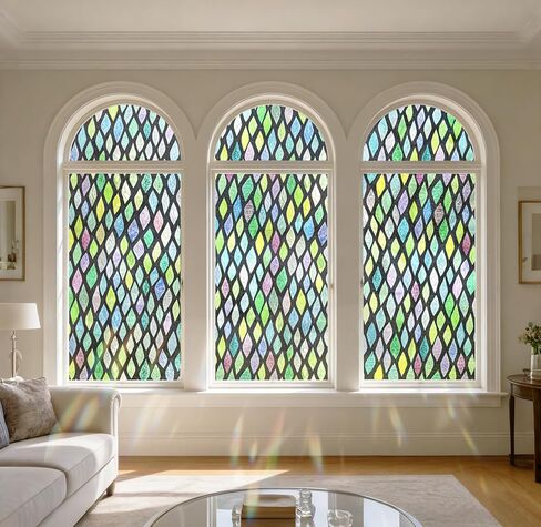 Stickyart Stained Glass Window Film Colorful Leaf Geometric Window Privacy Film Rainbow Decorative Lattice Static Cling Films 3D Windows Sticker Decal Sun Blocking for Bathroom Kitchen 17.5"x39.4" in Saudi Arabia