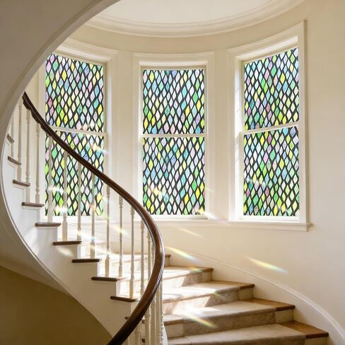 Stickyart Stained Glass Window Film Colorful Leaf Geometric Window Privacy Film Rainbow Decorative Lattice Static Cling Films 3D Windows Sticker Decal Sun Blocking for Bathroom Kitchen 17.5"x39.4" in Saudi Arabia