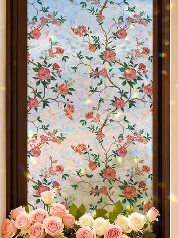 Vintage Floral Window Privacy Film, 78.5" L x 17.5" W, Rainbow Prism Stained Glass Static Cling, Heat Control & UV Blocking, Decorative Flower Film for Bathroom, Glass Door in Kuwait