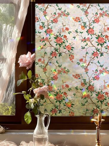 Vintage Floral Window Privacy Film, 78.5" L x 17.5" W, Rainbow Prism Stained Glass Static Cling, Heat Control & UV Blocking, Decorative Flower Film for Bathroom, Glass Door in Kuwait
