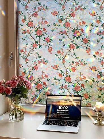 Vintage Floral Window Privacy Film, 78.5" L x 17.5" W, Rainbow Prism Stained Glass Static Cling, Heat Control & UV Blocking, Decorative Flower Film for Bathroom, Glass Door in Kuwait