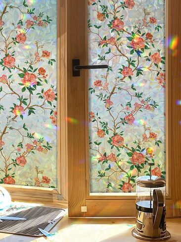 Vintage Floral Window Privacy Film, 78.5" L x 17.5" W, Rainbow Prism Stained Glass Static Cling, Heat Control & UV Blocking, Decorative Flower Film for Bathroom, Glass Door in Kuwait