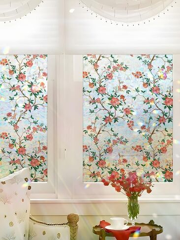 Vintage Floral Window Privacy Film, 78.5" L x 17.5" W, Rainbow Prism Stained Glass Static Cling, Heat Control & UV Blocking, Decorative Flower Film for Bathroom, Glass Door in Kuwait